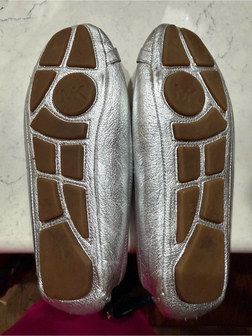 Michael Kors Metallic Silver MK Logo Leather Ballet Flats